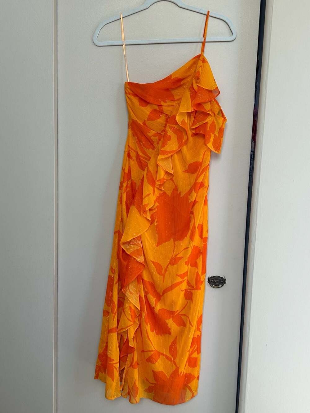Taylor One Shoulder Maxi Dress Size 4 Orange Floral Ruffle Metallic